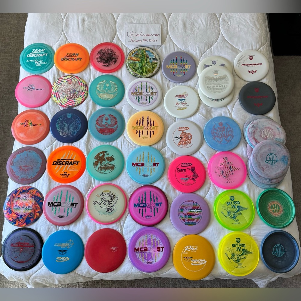 All disc golf discs for sale! Drivers from far left to putters on far right.